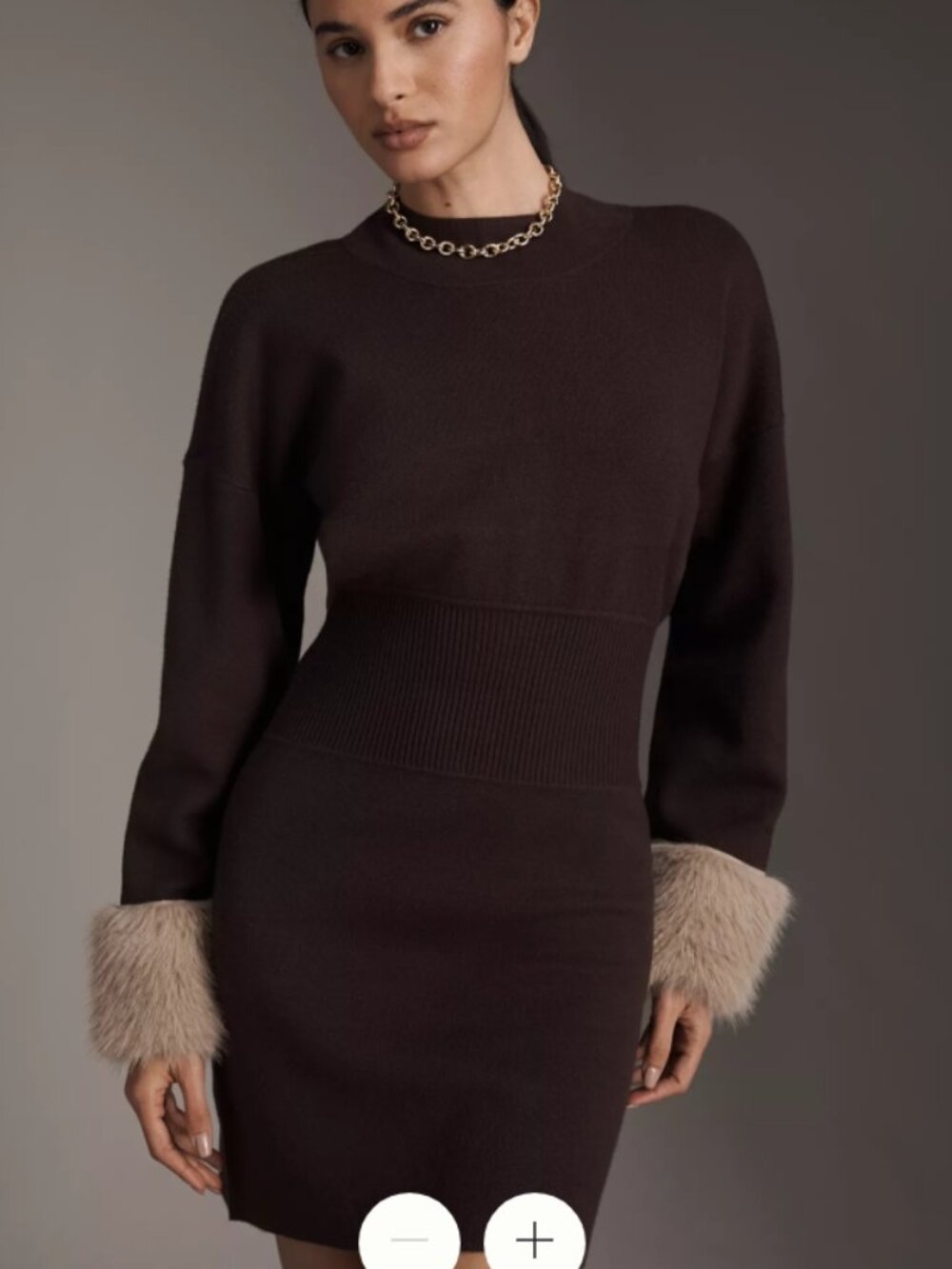 NWT By Anthropologie Long-Sleeve Faux Fur Trim Sweater Mini Dress Brown